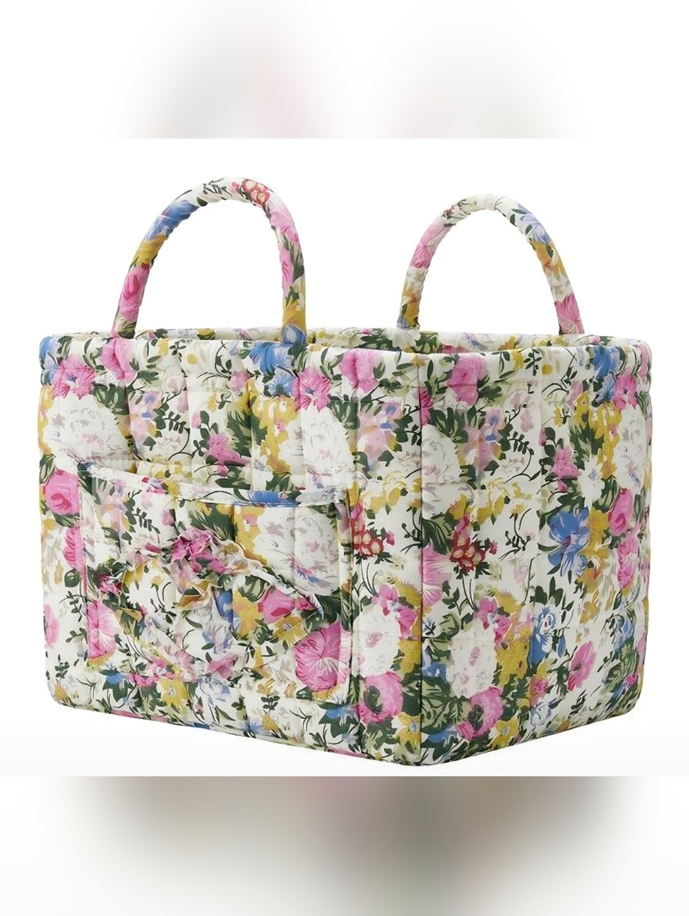 Quilted Floral Storage Tote - Pink Multi, 13 In. Wide 11 In. D